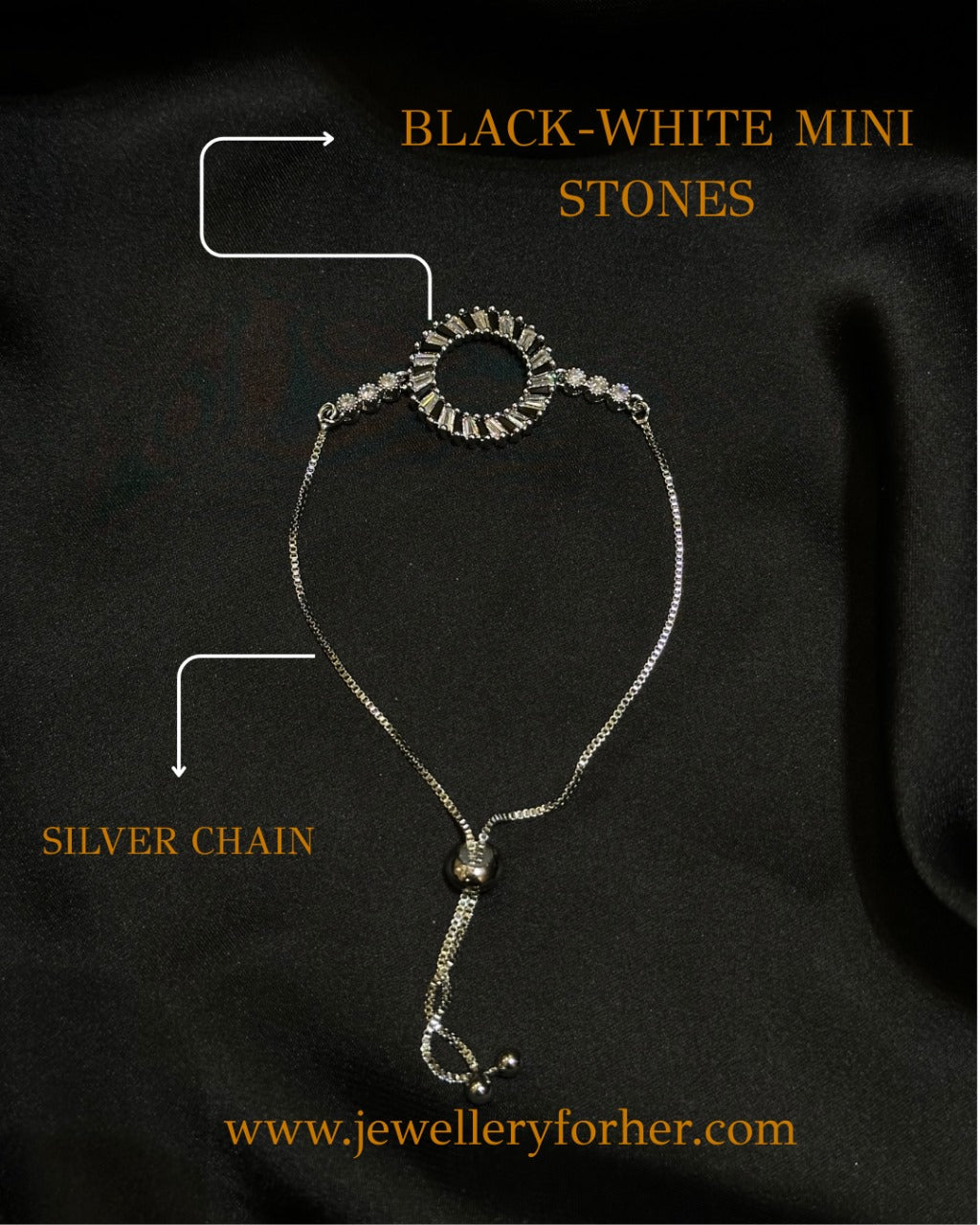 Radiant Halo Bracelet – Silver Chain with Black & White Stones in Stainless Steel