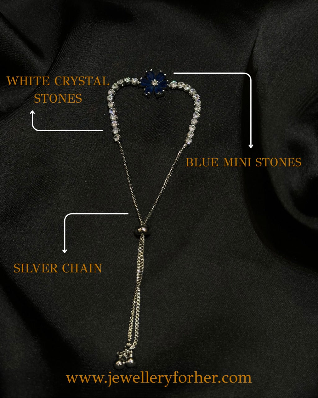 Midnight & blu Bloom Crystal Bracelet – Chain with Black Floral Charm in Stainless Steel
