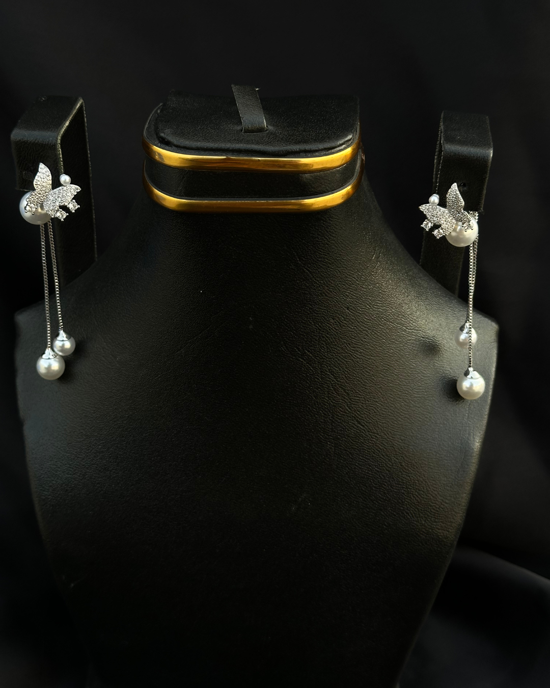 Pearl Drop Leaf Stainless Earrings with Crystal Accents