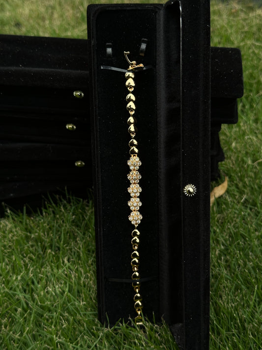 Gold Heart Bead Bracelet with Floral Stone Centerpiece
