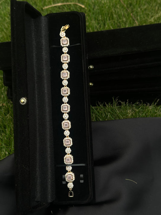 Rose Gleam Golden Bracelet with Pink Crystal Stone – Stainless Steel Charm for Her