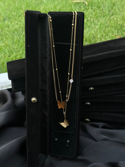 Stainless Steel Gold Butterfly Pendant Necklace with Crystal Accent