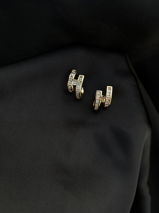 Sophisticated Stainless Steel Earrings with Baguette and Square-Cut Diamond Detailing