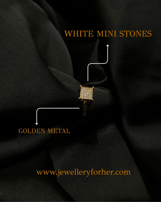 Elegant Square Sparkle Ring – Golden Finish with White Mini Stones in Stainless Steel